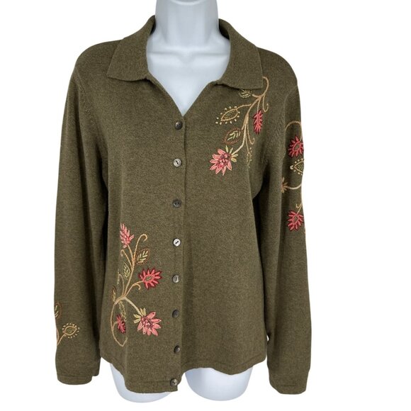 Talbots Floral Embroidered Button-Up Olive Green Long Sleeve Cardigan SizeM - Picture 1 of 11
